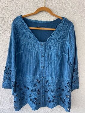 Soft Surrounding Esme Top Indigo Tunic Embroidery Cutout Detailing Size Small